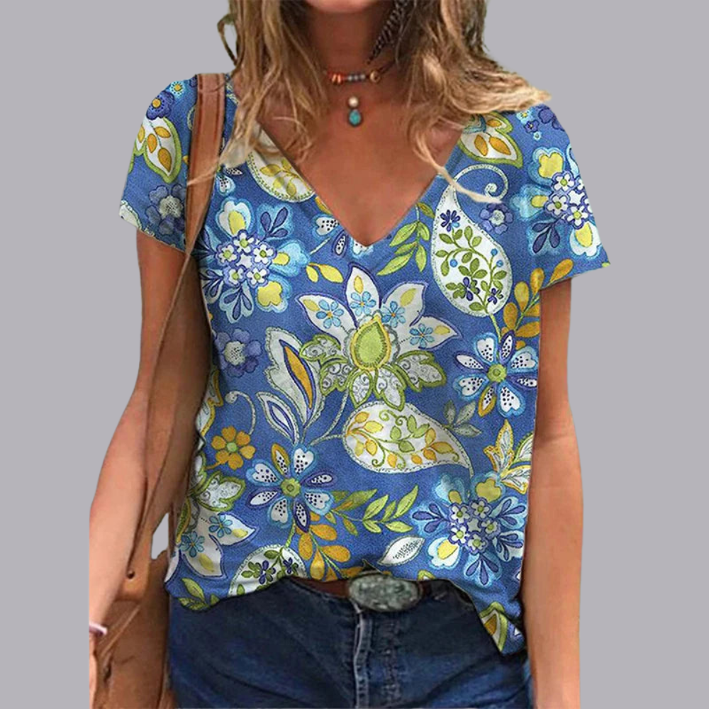 Women Floral Print V Neck Oversized T Shirt Casual Top