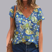 Women Floral Print V Neck Oversized T Shirt Casual Top