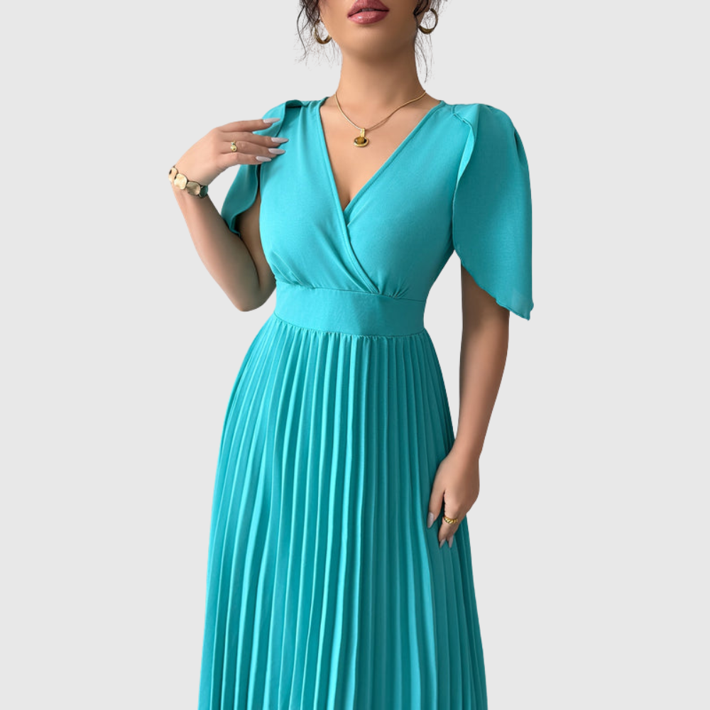Flutter Sleeve Pleated Midi Dress