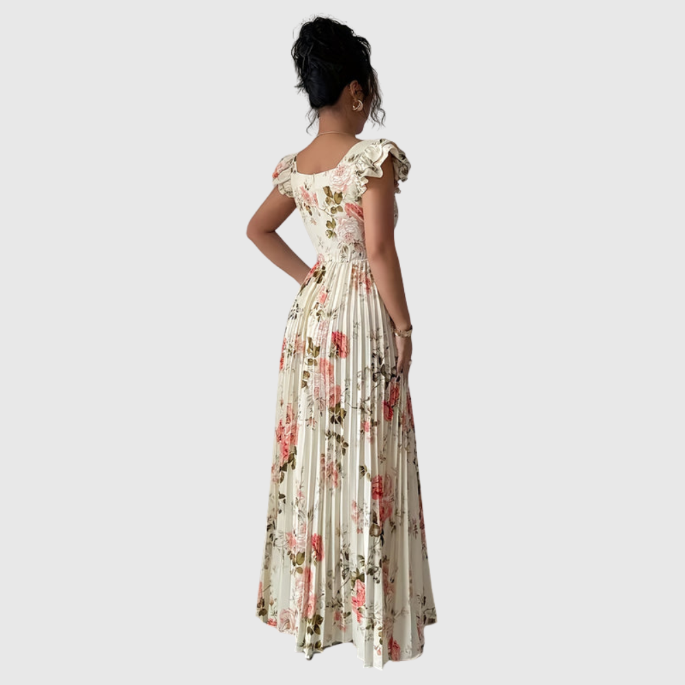 Floral Square Neck Pleated Midi Dress