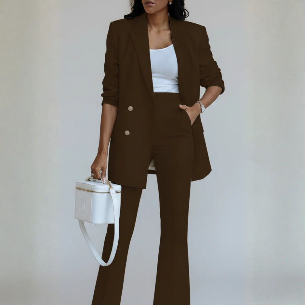 Polished Linen Blazer And Flare Pants Suit