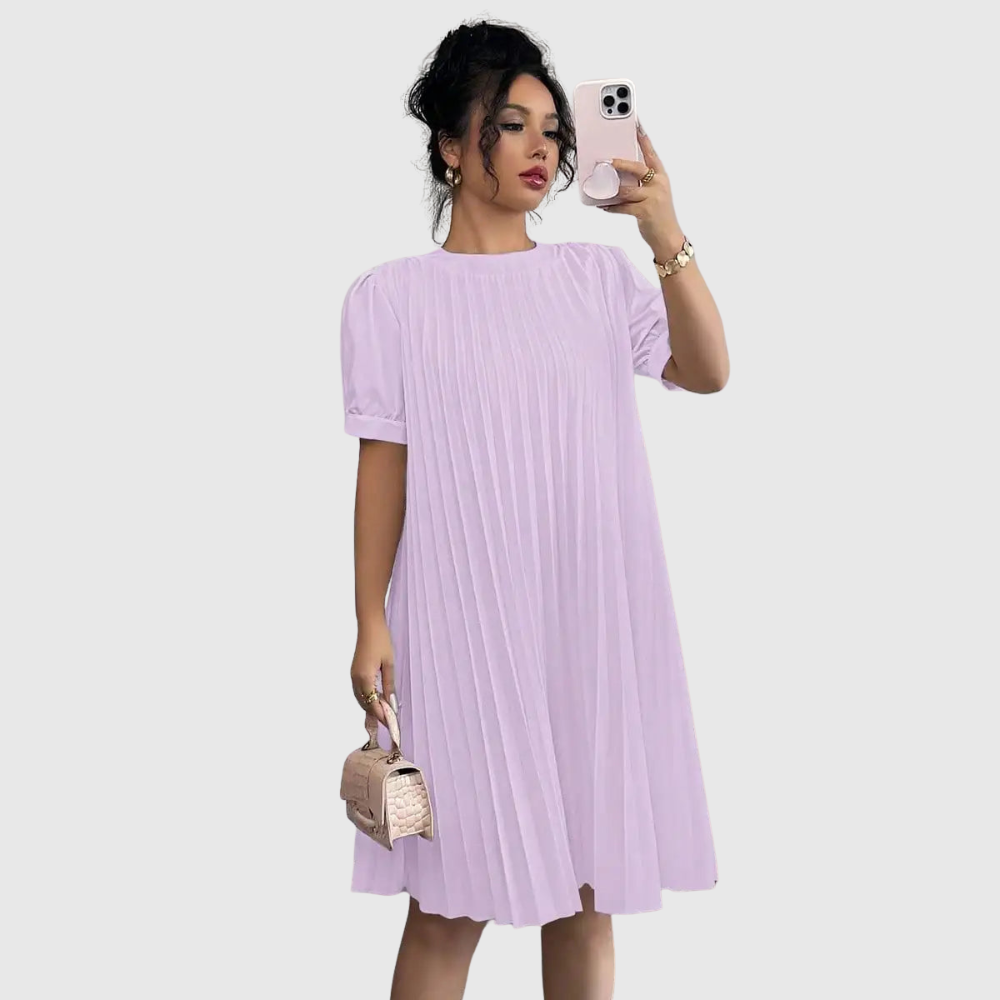 Pleated Puff Sleeve Midi Dress