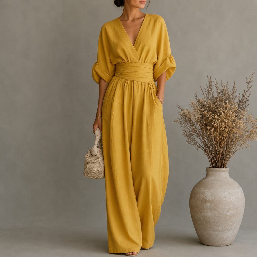 Vintage Jumpsuit mit V-Ausschnitt und weitem Bein