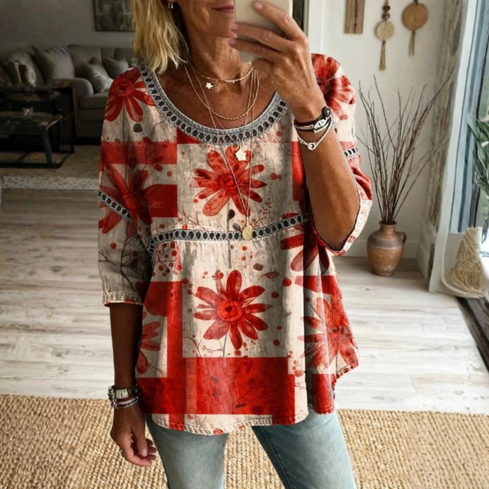 Women Bohemian Floral Print Blouse Round Neck Casual Top