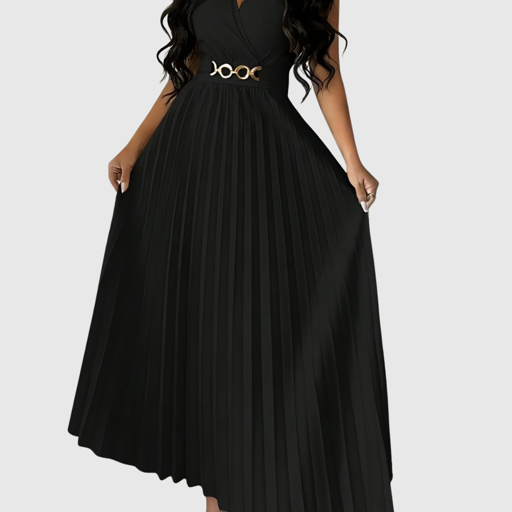 Elegant V Neck Pleated Midi Dress