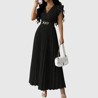 Elegant V Neck Pleated Midi Dress