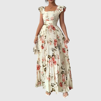 Floral Square Neck Pleated Midi Dress