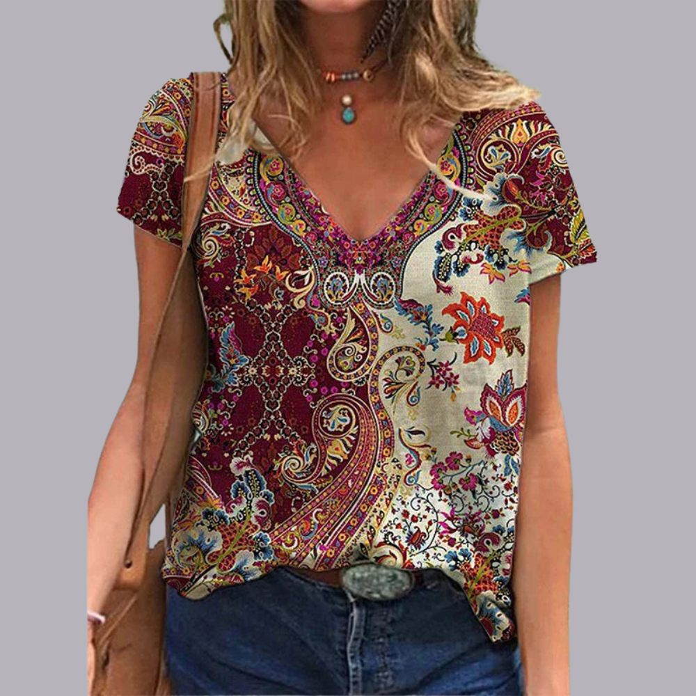 Women Floral Print V Neck Oversized T Shirt Casual Top