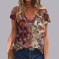 Women Floral Print V Neck Oversized T Shirt Casual Top