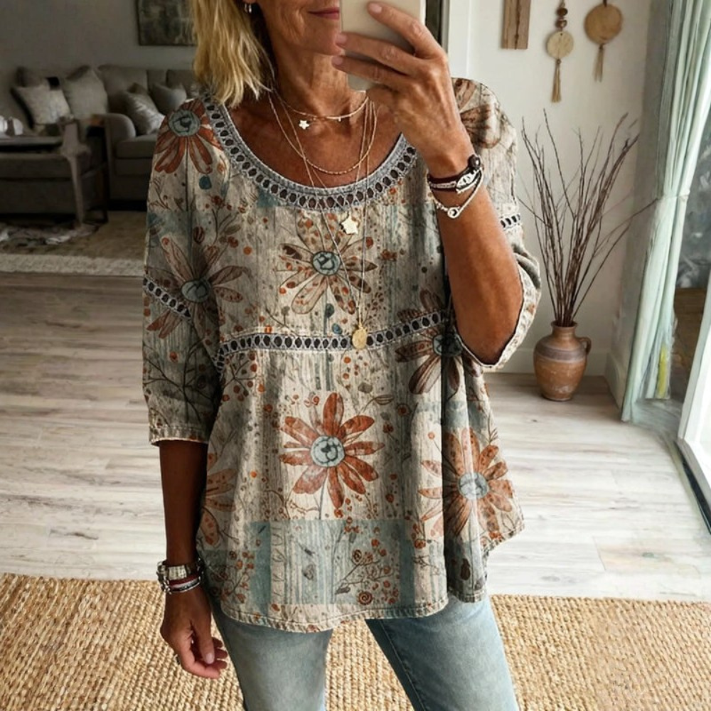 Women Bohemian Floral Print Blouse Round Neck Casual Top