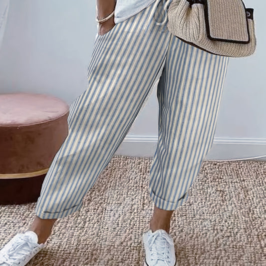 Gestreifte Baumwollhose in Cropped-Länge mit Kordelzug