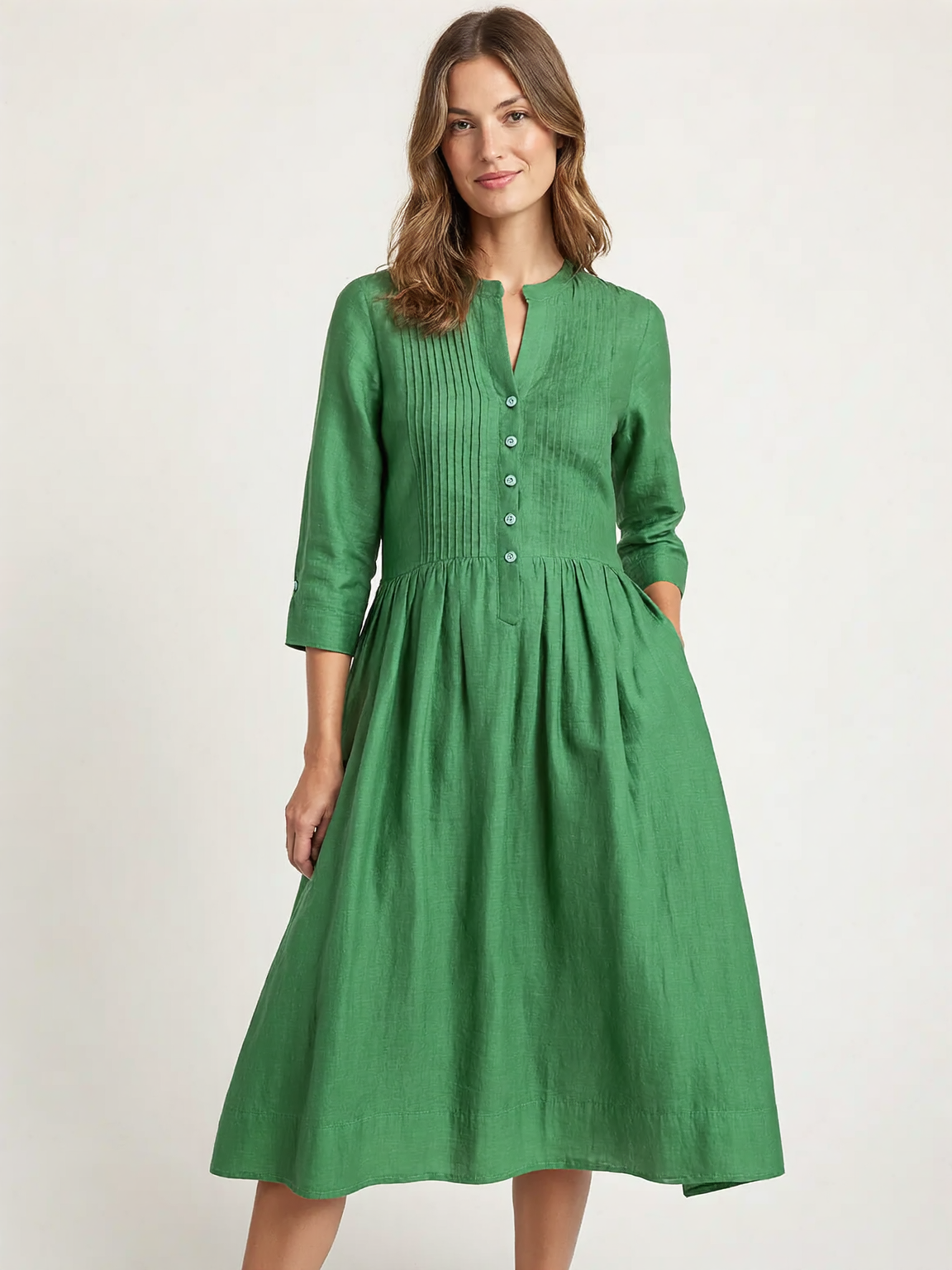 Elegant Linen Long Dress | Green / M | front | Bimbloo