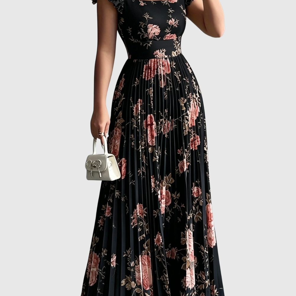 Floral Square Neck Pleated Midi Dress