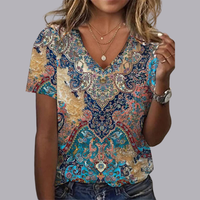 Women Floral Print V Neck Oversized T Shirt Casual Top