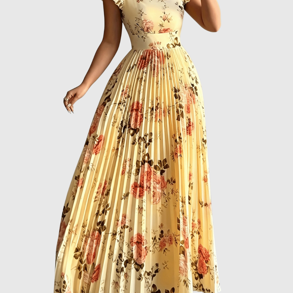 Floral Square Neck Pleated Midi Dress