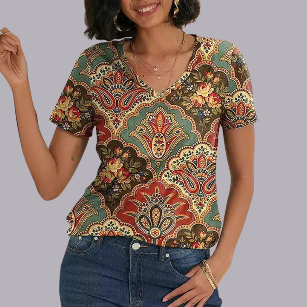 Women Floral Print V Neck Oversized T Shirt Casual Top