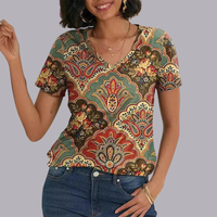 Women Floral Print V Neck Oversized T Shirt Casual Top
