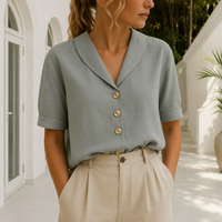 Button Front Cotton Linen T Shirt