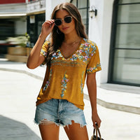 Women Bohemian Print V Neck Short Sleeve T Shirt Summer Top