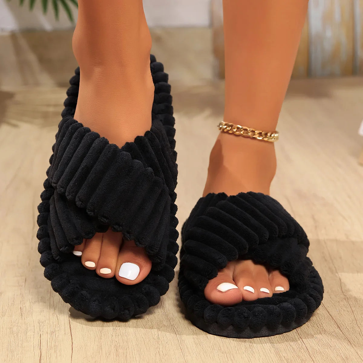 Corduroy Cross Band Home Slippers