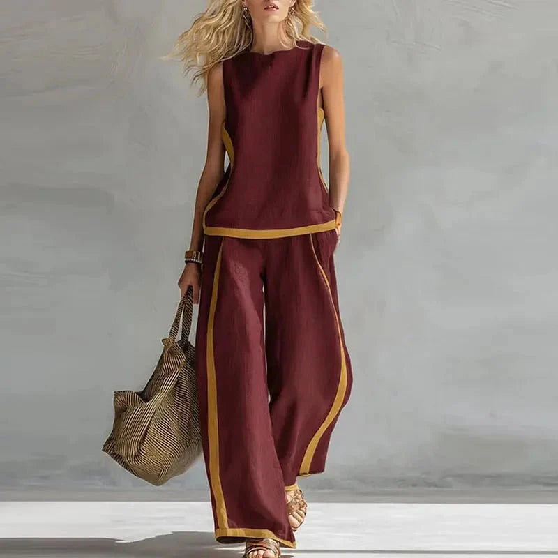 Sleeveless O Neck Top And Wide Leg Pants Set