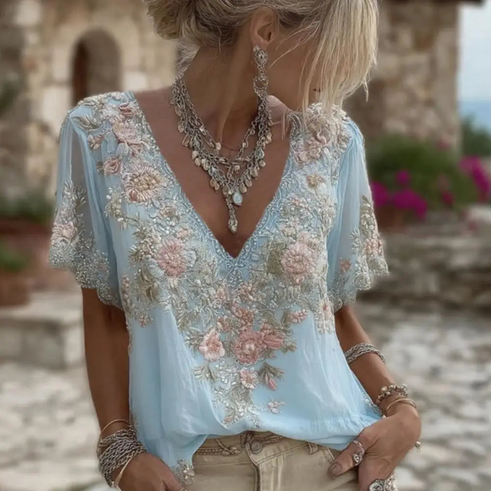 Women French Style V Neck Floral Jacquard Top Short Sleeve