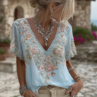 Women French Style V Neck Floral Jacquard Top Short Sleeve
