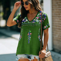 Women Bohemian Print V Neck Short Sleeve T Shirt Summer Top