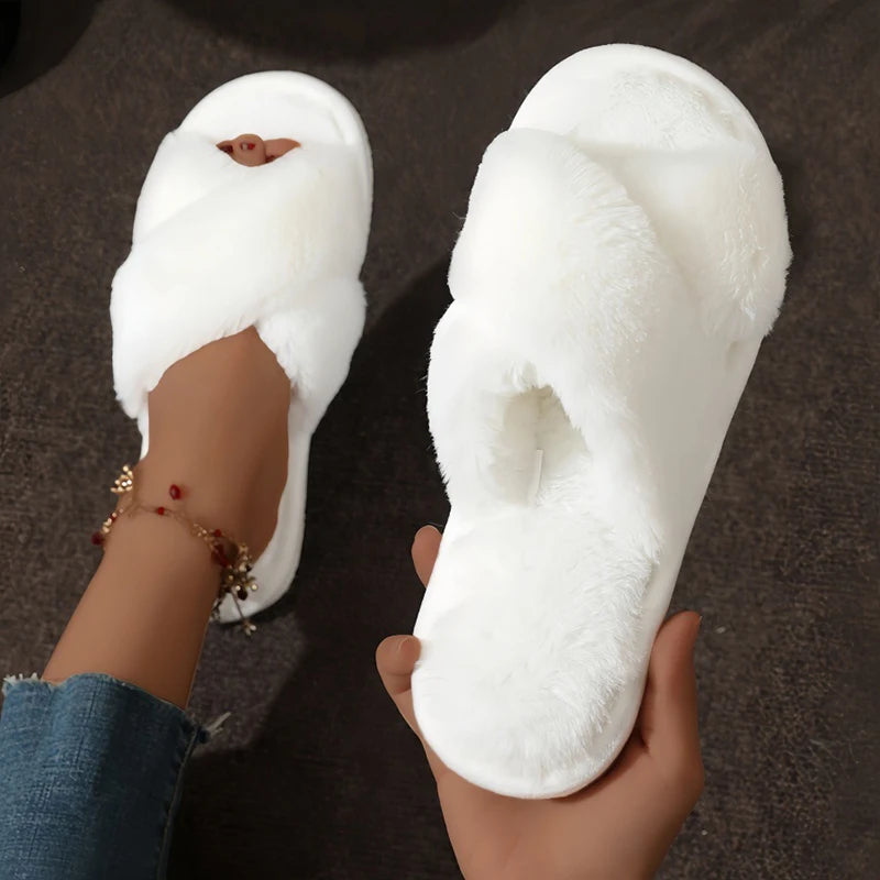 Fluffy Cross Band Home Slippers