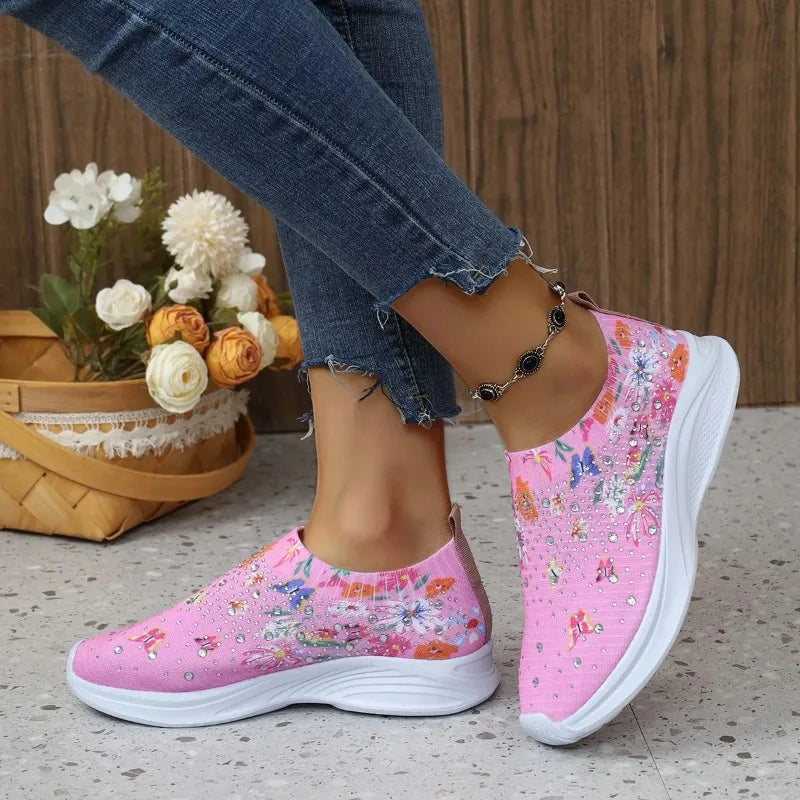 Floral Knit Slip On Walking Shoes