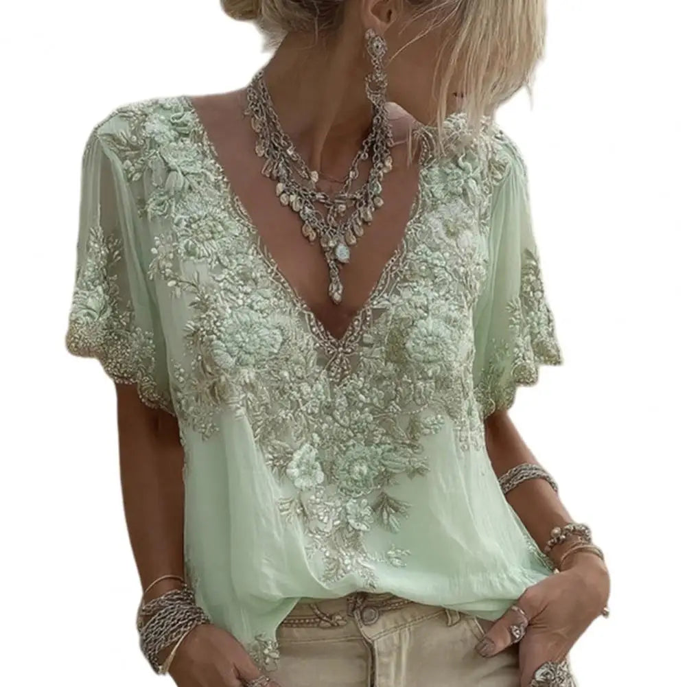Women French Style V Neck Floral Jacquard Top Short Sleeve
