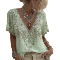 Women French Style V Neck Floral Jacquard Top Short Sleeve