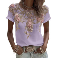 Women Linen Print Blouse Round Neck Short Sleeve Casual Top