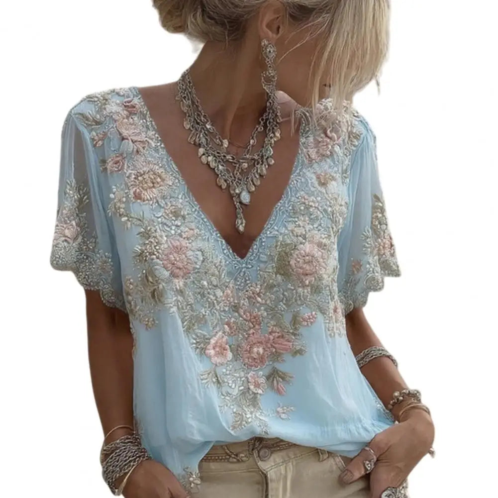 Women French Style V Neck Floral Jacquard Top Short Sleeve
