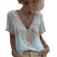 Women French Style V Neck Floral Jacquard Top Short Sleeve