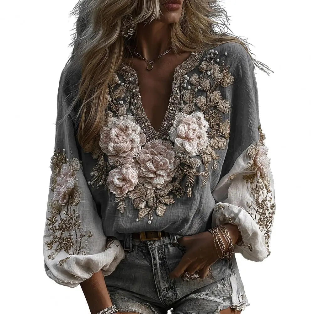 Women V Neck Long Sleeve Floral Blouse Casual Relaxed Fit Top