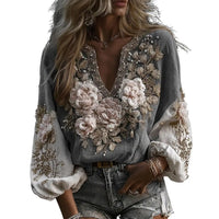 Women V Neck Long Sleeve Floral Blouse Casual Relaxed Fit Top