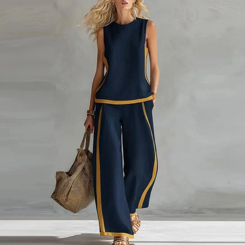 Sleeveless O Neck Top And Wide Leg Pants Set