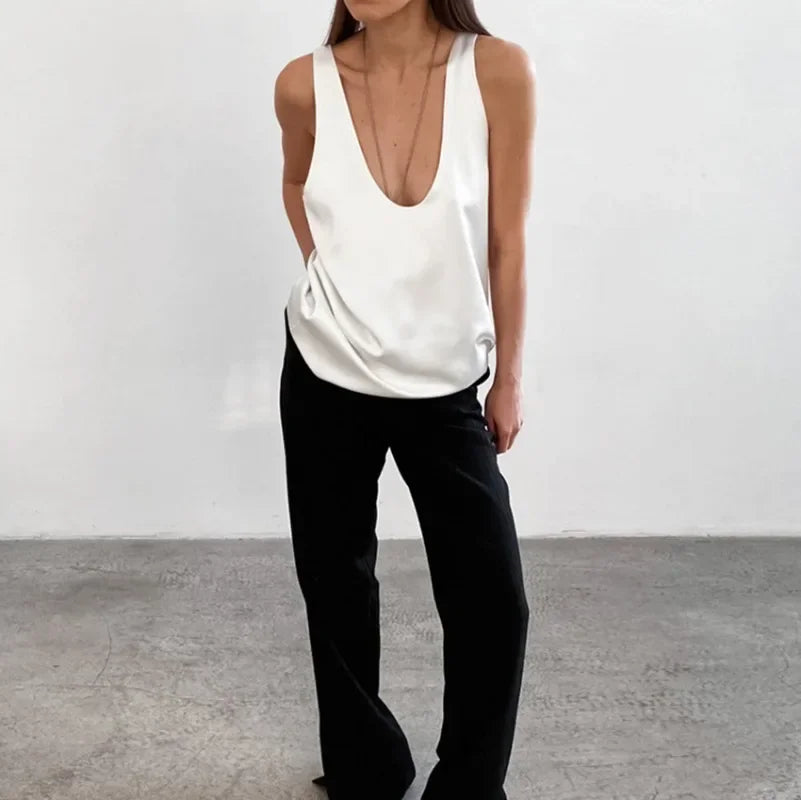 Deep Drape Satin Tank Effortless Elegance Top