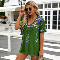 Women Bohemian Print V Neck Short Sleeve T Shirt Summer Top