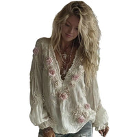 Women V Neck Long Sleeve Floral Blouse Casual Relaxed Fit Top