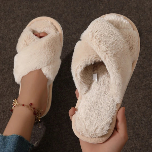 Fluffy Cross Band Home Slippers