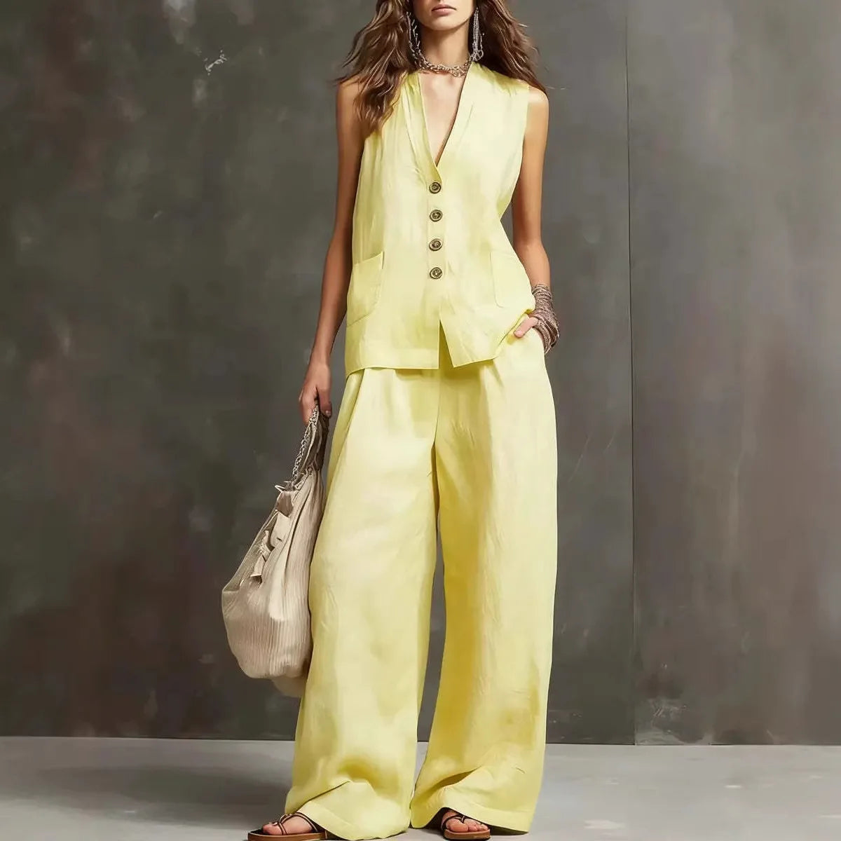Cotton Linen Vest And Wide Leg Pants Set