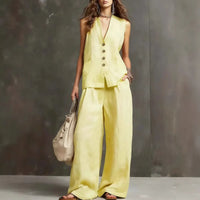 Cotton Linen Vest And Wide Leg Pants Set