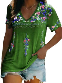 Women Bohemian Print V Neck Short Sleeve T Shirt Summer Top