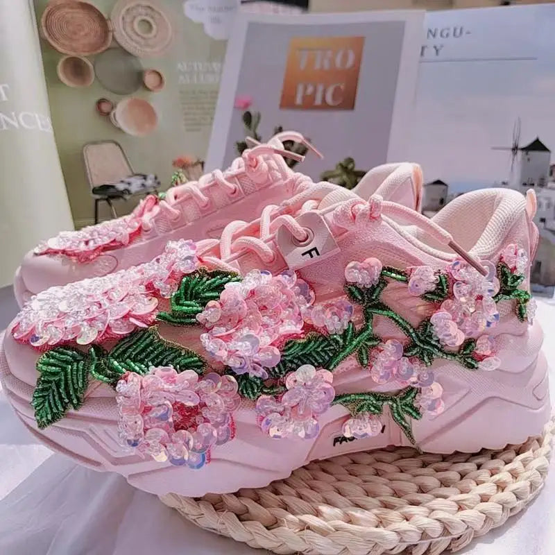 Pink Applique Platform Sports Shoes