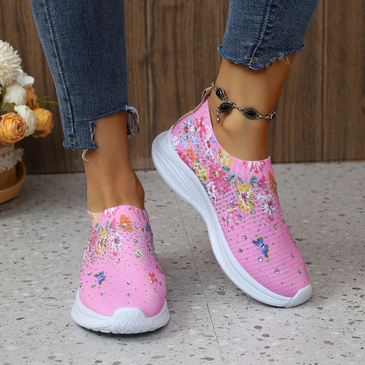 Floral Knit Slip On Walking Shoes