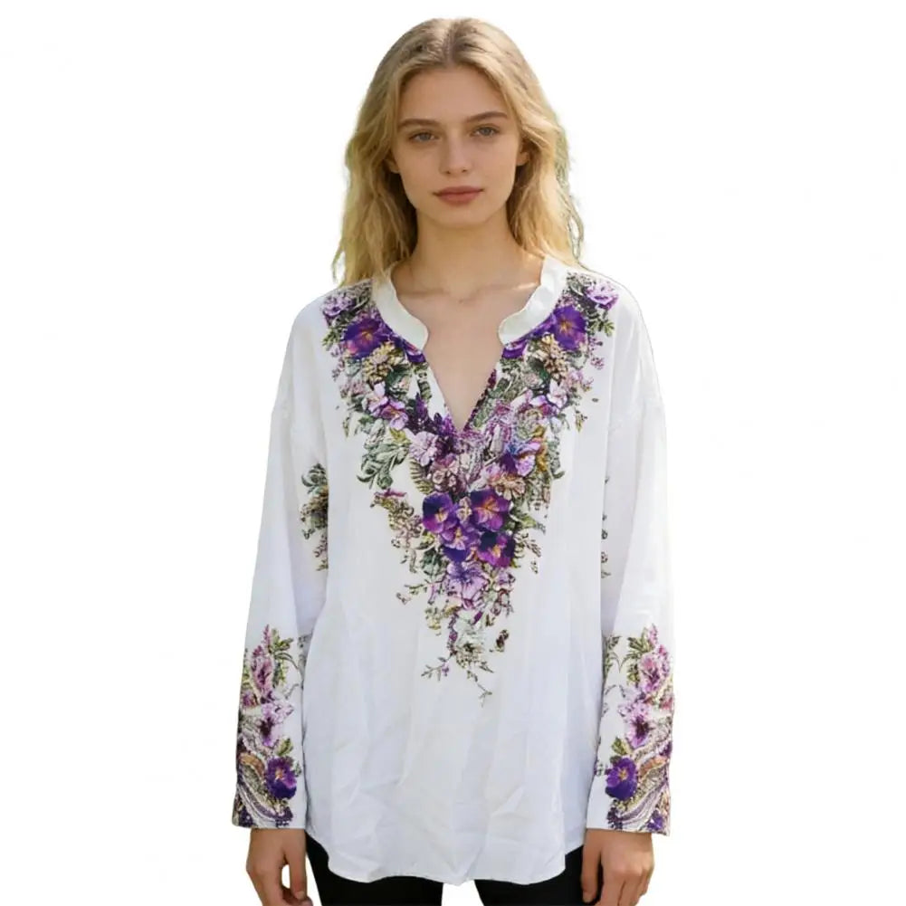 Women V Neck Long Sleeve Floral Blouse Casual Relaxed Fit Top