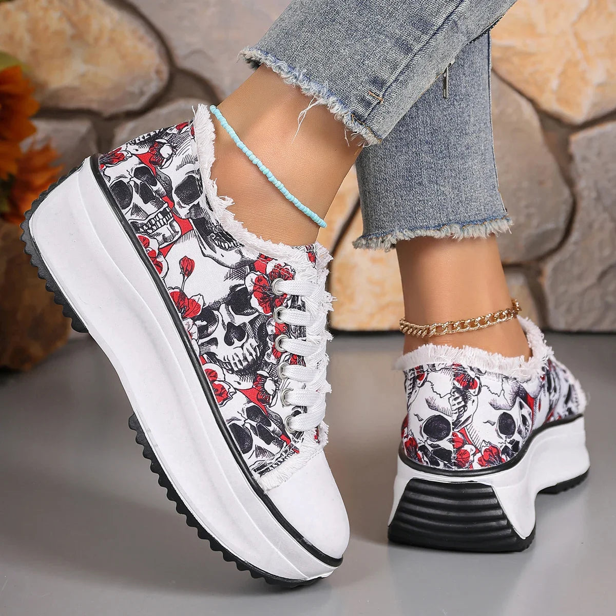 Floral Print Lace Up Platform Sneakers