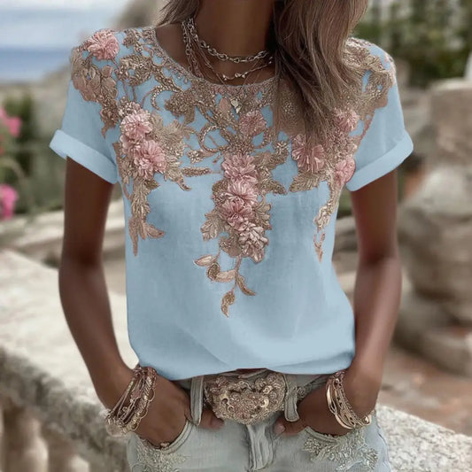 Women Linen Print Blouse Round Neck Short Sleeve Casual Top